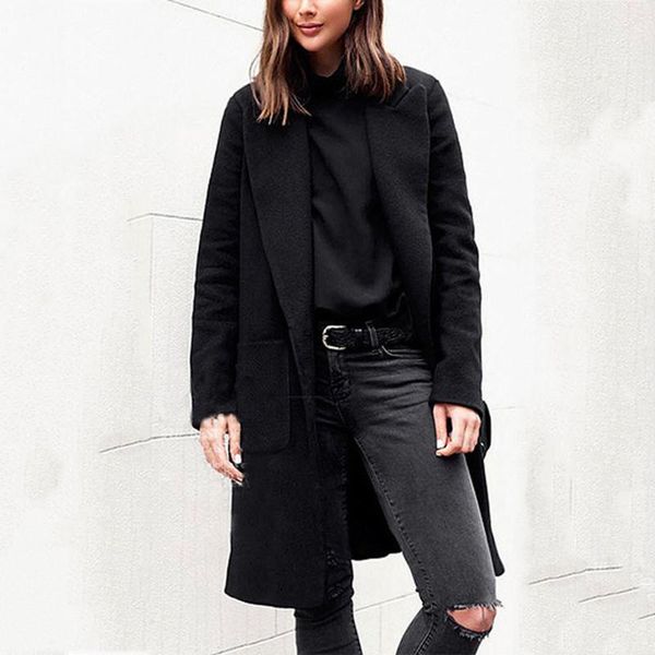 

women's wool & blends autumn winter cashmere trench jacket women casual solid color coat thickness warm button pocket jackets 10.3, Black