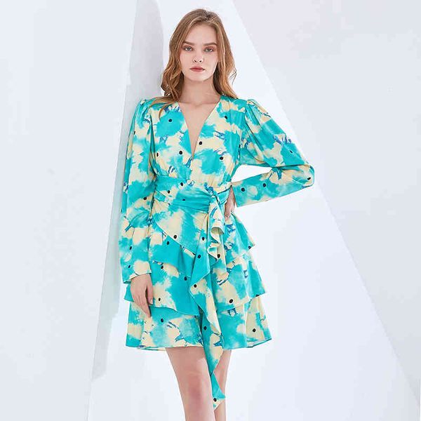 

dresses print patchwork ruffle for v neck long sleeve high waist mini es female fashion clothing tide, Black;gray