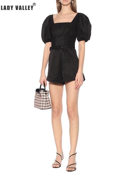 

women's jumpsuits & rompers retro square collar slip back lace-up puff sleeves high waist straps jumpsuit ladies spring fashion tempera, Black;white