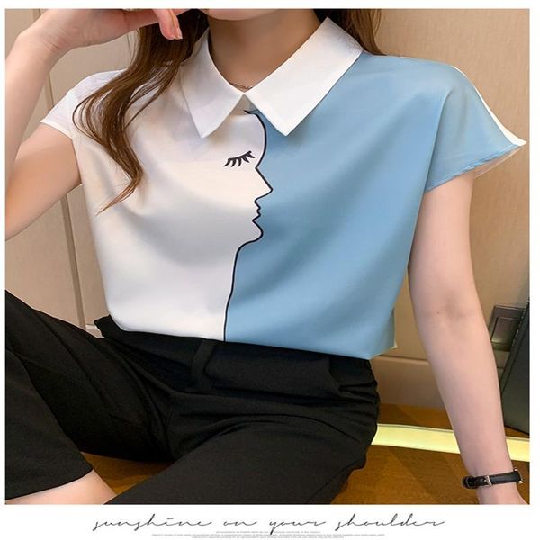

women's polos short-sleeved blouse summer 2021 design sense small mass fashion chiffon casual elegant v-neck t-shirt, White