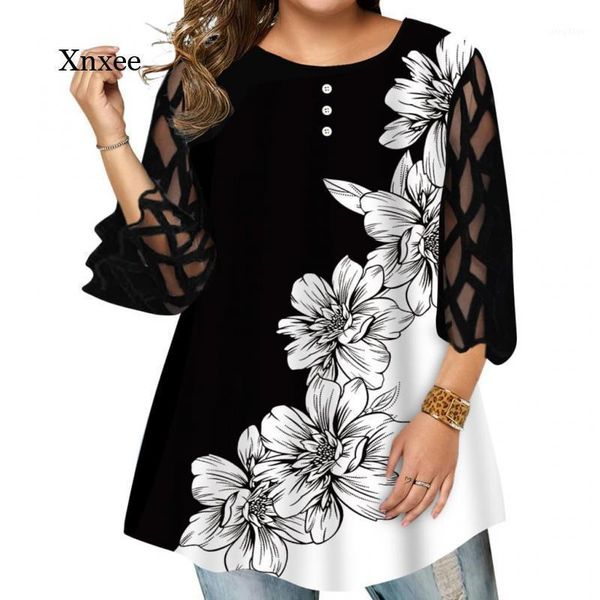 

plus size t-shirt blouse geometric translucent sleeve casual button womens blouses ruffled long shirts clothing, Black