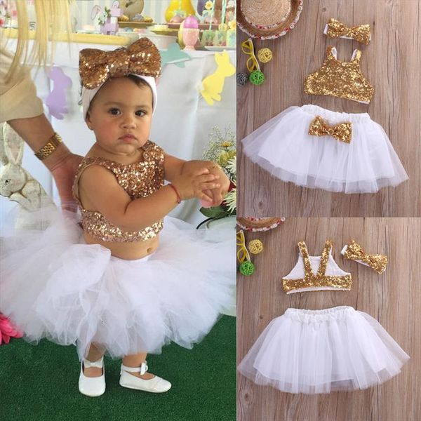 

princess toddler kids baby girl clothes sets sequins vest tutu cute ball headband 3pcs outfits set girls clothing, White