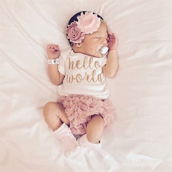 EAZII Hello World Print Born Infant Baby Girl Pagliaccetto Tuta con biancheria intima Manica corta Prendisole Abiti estivi Outfit 0-24M 210806