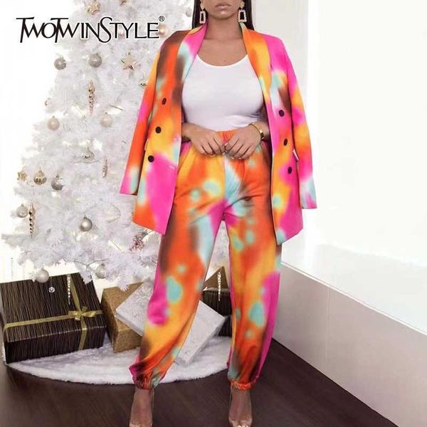 

twotyle print tie dye two piece set for women notched long sleeve blazer casual pants hit color sets female fashion 210930, White