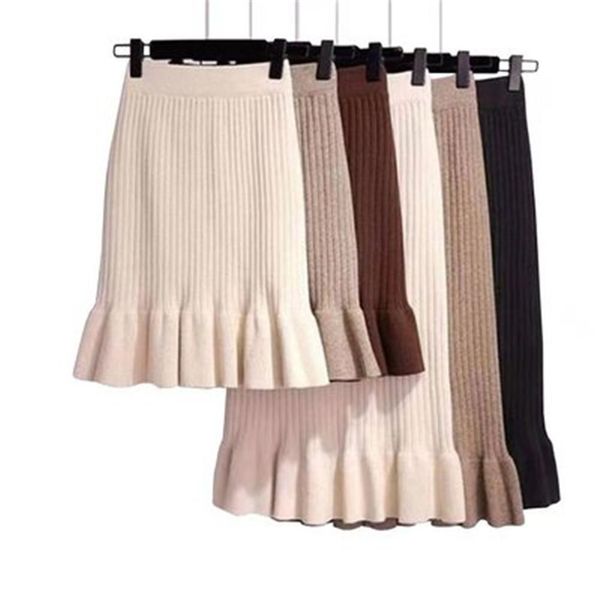 

knitted high waist pleated women skirt solid elastic mermaid knitting ribbed autumn winter female trumpet bottoms two types, Black