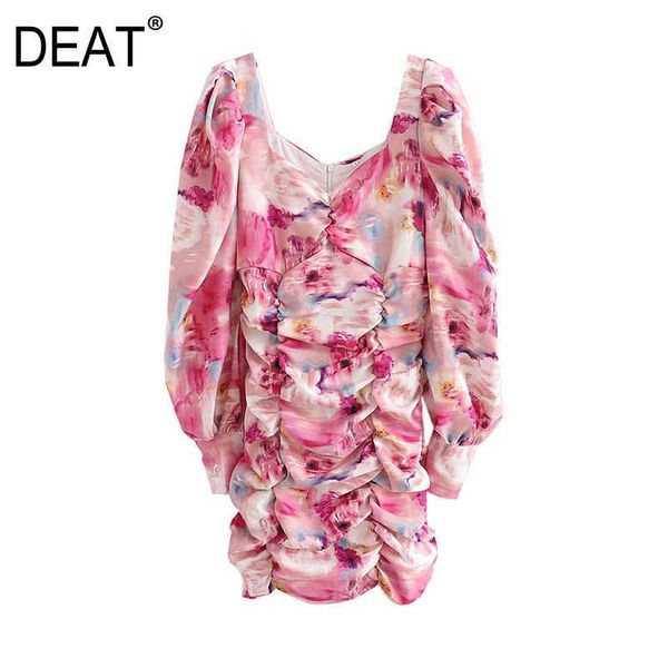 

[deat] women temperament elegant printing folds long sleeve square collar mini dress spring fashion 13c367 210527, Black;gray