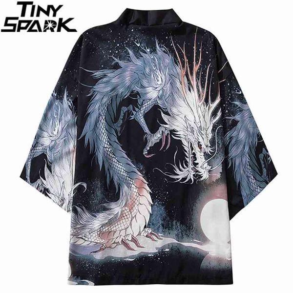 

japanese kimono jacket white dragon harajuku hip hop men japan streetwear summer thin clothing loose 210811, Black;brown