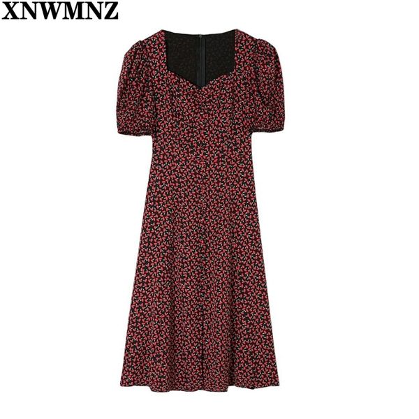 

puff short sleeve women summer midi dress vintage v neck red floral print french sundress slit party dresses 210520, Black;gray