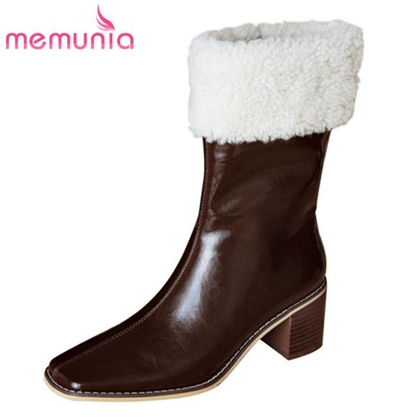 

boots memunia 2021 genuine leather shoes women winter square toe zip thick heel warm casual ankle, Black