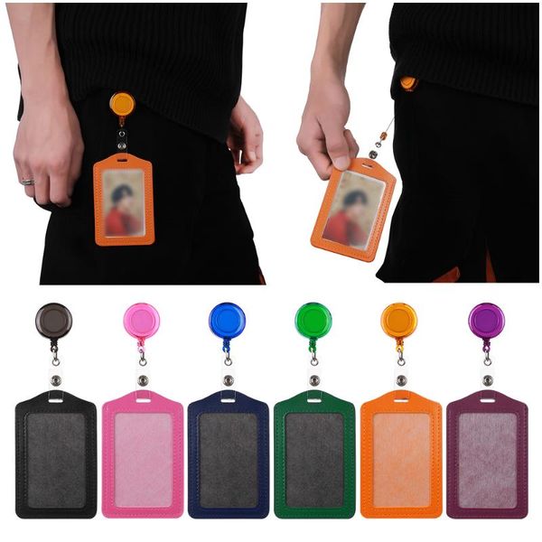 

card holders no zipper protective shell bank bus id worker identity red yellow blue badge with retractable reel, Brown;gray