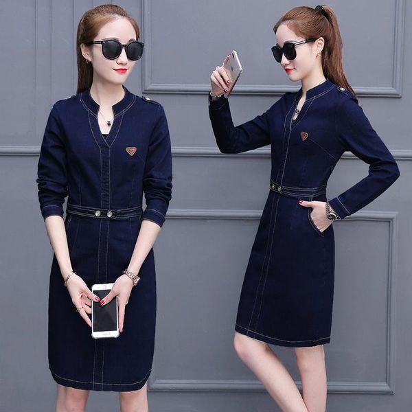

casual dresses spring autumn women plus size fashion v-neck solid long sleeve jeans dress for large denim one-piece, Black;gray