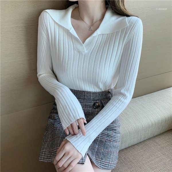 

women's sweaters 2021 western soft milk blue sweater bottoming shirt women fall/winter lapel collar slim long sleeve sweater1, White;black