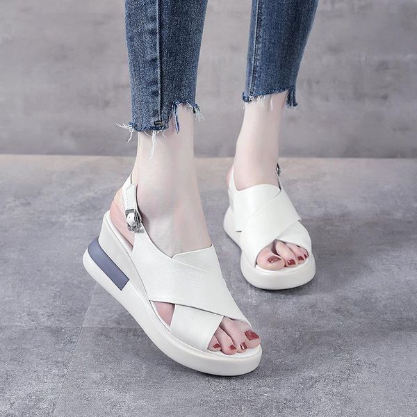 

sandals thick-soled wedge women 2021 summer leather high-heeled fish mouth women's shoes increased platform, Black