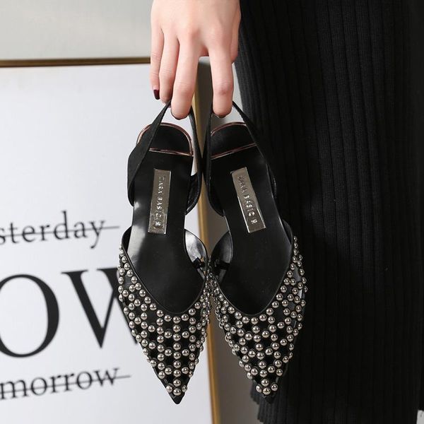 

slippers original pointed toe hollow baotou sandals tong nail ballet shoes foreign trade large size women's luxury flat, Black
