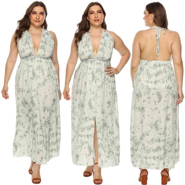 

women's plus size large print deep v ne strap open ba split beach 2402