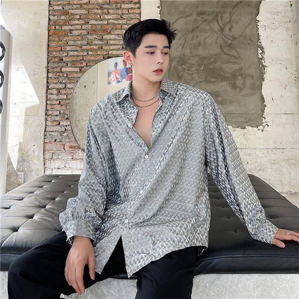 

men's casual shirts man vintage streetwear loose shiny silky long sleeve shirt men fashion show stage clothing, White;black