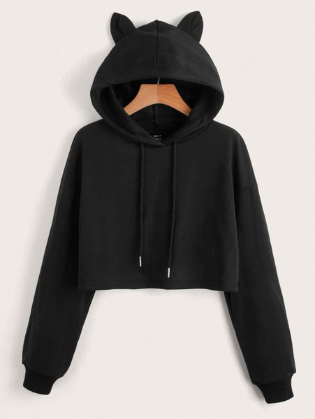 

drop shoulder crop drawstring hoodie with ears g294#, White;black