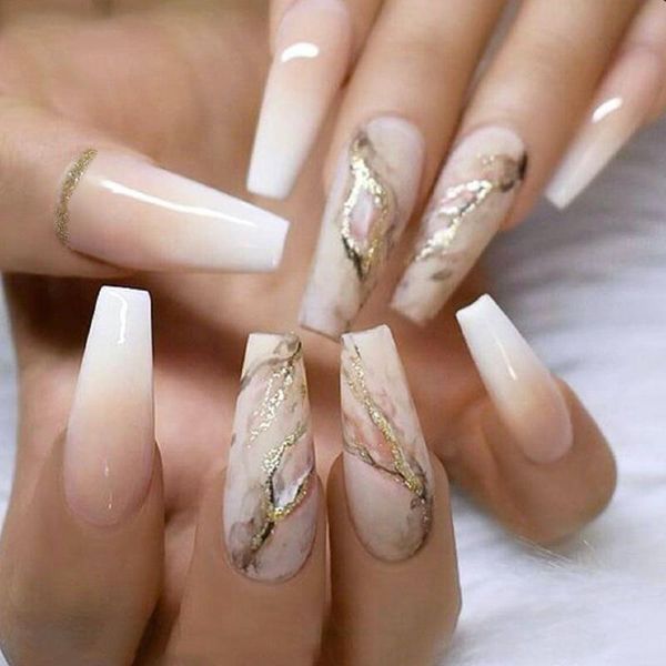 

false nails 24pcs/box detachable marble gradient wearable gold foil ballerina fake full cover nail tips press on, Red;gold