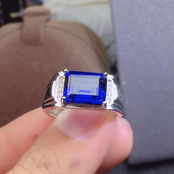 

cluster rings exquisite royal blue sapphire gemstone ring for men natural gem good cut 925 sterling silver birthday gift big size 8x10mm, Golden;silver