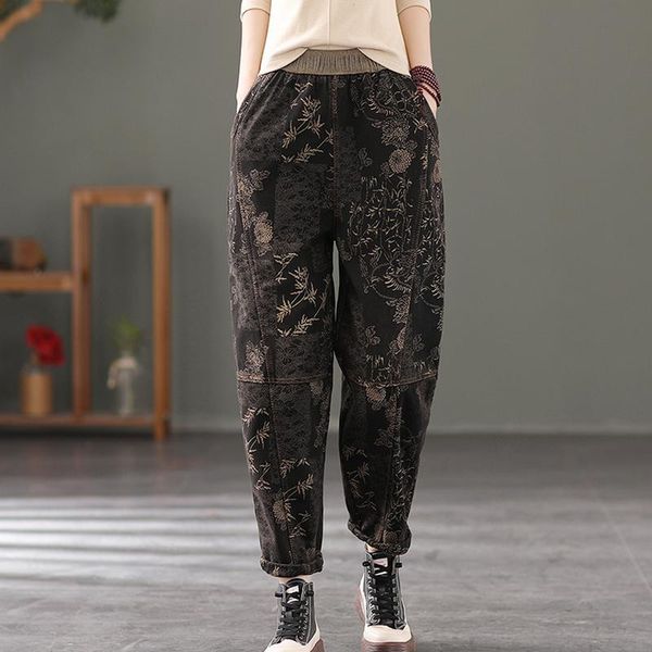 

women's jeans 2022 winter ladies loose casual print harem trousers korean style fur retro elegant denim pants floral elastic waist wome, Blue