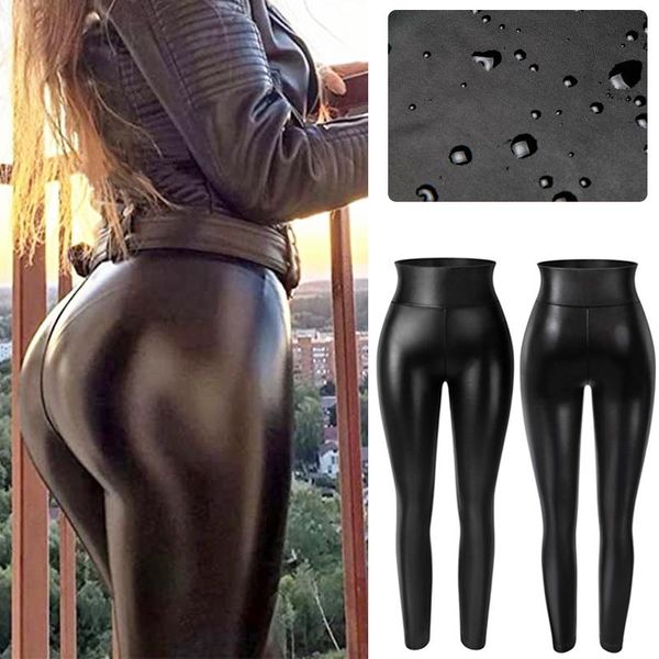 

women's leggings high waist faux leather women thick non see-through pu hip push up slim pants fitness panties bulifter, Black