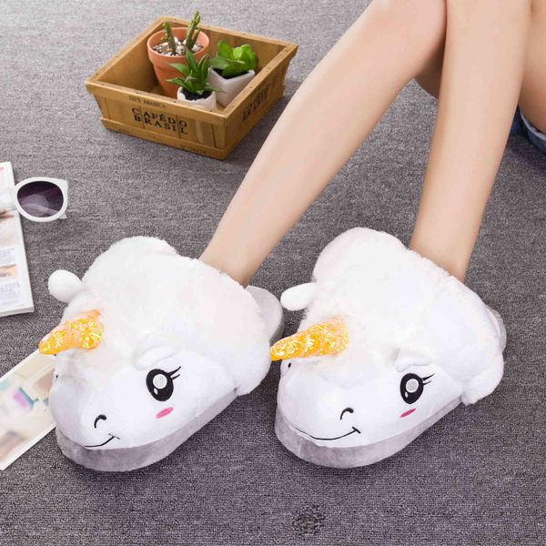

luxury slippers funny winter cartoon unicorn warm plush cotton home slippers, Black