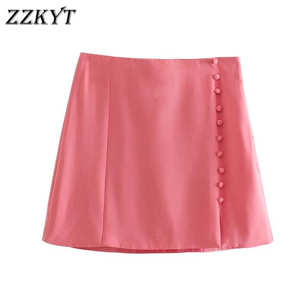 

skirts zzkyt 2021 women summer vintage solid buttoned mini skirt fashion a line high waist split short office ladies mujer, Black