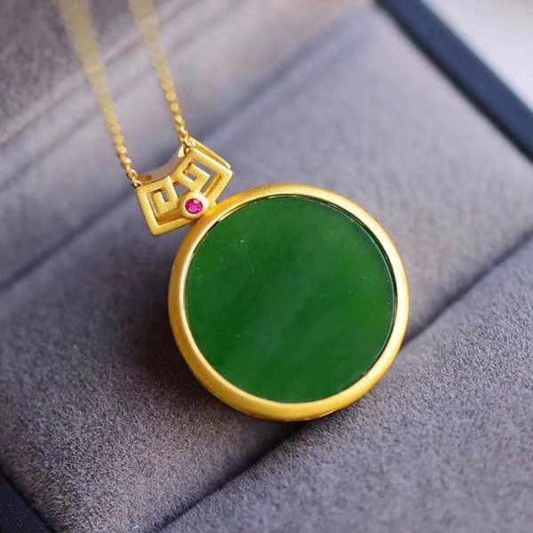 

chains s silver inlaid natural hetian jasper chalcedony pendant round chinese retro temperament senior sense female necklace