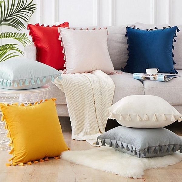 

solid beige pink yellow grey navy pillow cover soft velvet cushion cover with tassels home decorative 45x45cm sofa bed chair