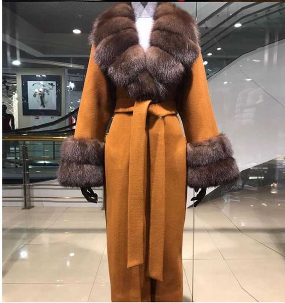 

women's fur & faux arlensain double face wool long women coat with chinchilla collar, Black