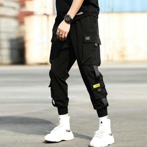 

2021men black joggers casual pants autumn ribbons mens big pockets harem cargo male spring streetwear overalls sweatpants men's