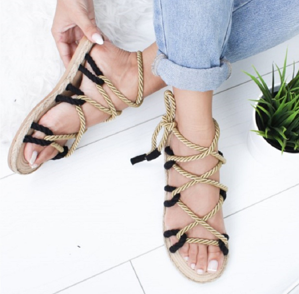 

women sandals lace up hemp rope rome women sandals casuals gladiator cross tied women shoes, Black