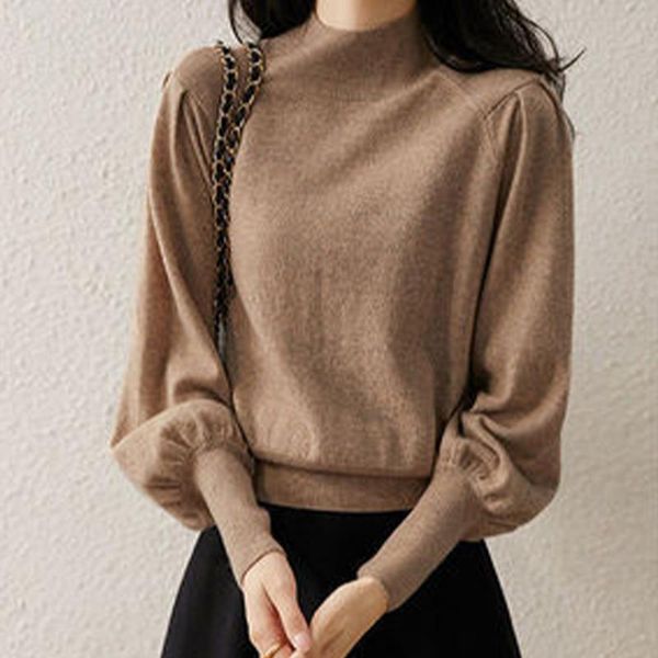 

women's sweaters simple solid half turtleneck women sweater fashion knitted lantern sleeve woman autumn casual slim-fit pullover, White;black