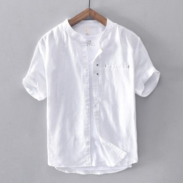

men's casual shirts 2022 stand collar short sleeve linen cotton shirt with pocket white yellow gray color causal summer for men, White;black