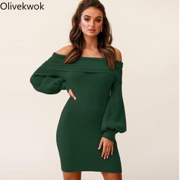 

casual dresses olivekwok 2021 autumn woman fashion long sleeve solid slash neck lantern sheath above knee, mini dress, Black;gray