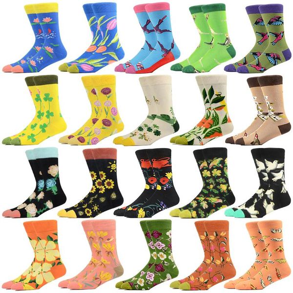 

men's socks lovely happy harajuku man fashion design color flower plant pigeon frog bird solid sailor kawai cartoon cotton, Black