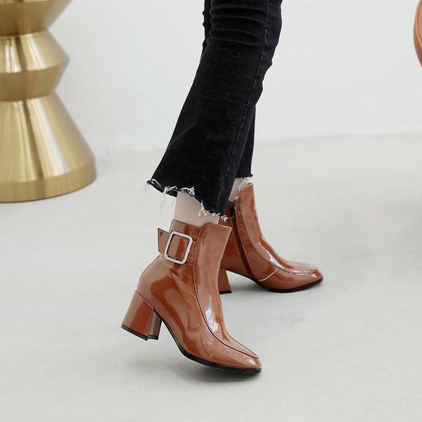 

boots autumn ladies high hoof block heel shoes black brown patent leather rhinestone buckle ankle riding plus size women