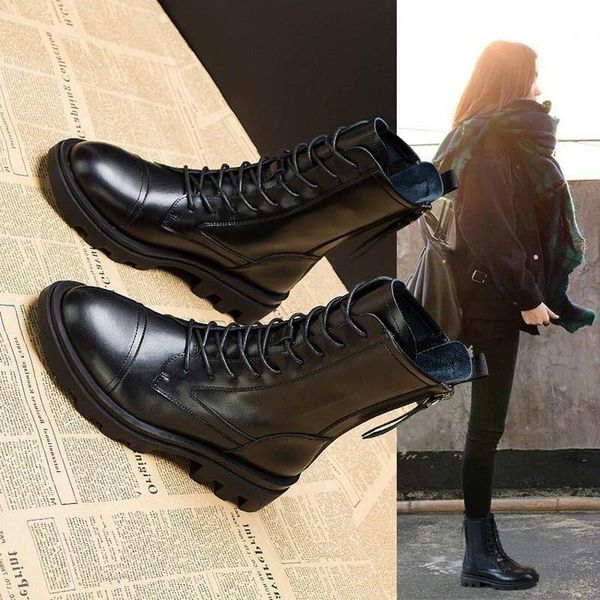 

boots leather women's 2021 autumn and winter british style shoes fashion thick-soled single ankle, Black