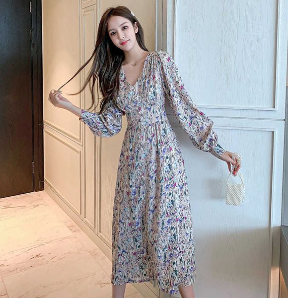 

casual autumn female long dress flower sleeve holiday boho beach women v-neck button vintage vestidos 210529, Black;gray