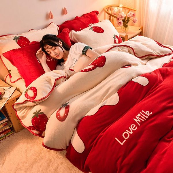 

bedding sets winter thick milk velvet four-piece duvet cover sheet, flannel crystal double-sided french fleece bed linen girl