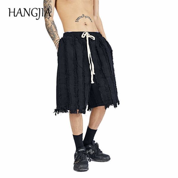 

hip hop raw edge denim shorts oversized mens vintage distressed denim joggers 2021 summer casual washed destroyed jeans shorts c0607, Blue