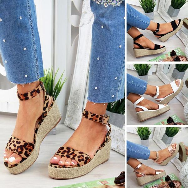 

sandals women's summer flat beach ladies strap ankle buckle platform wedges woven roman shoes female, Black