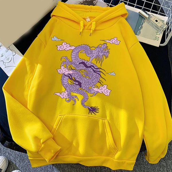 

women's hoodies & sweatshirts dragon print women sweatshirt candy color harajuku hooded casual long sleeves pockets female pullover, Black
