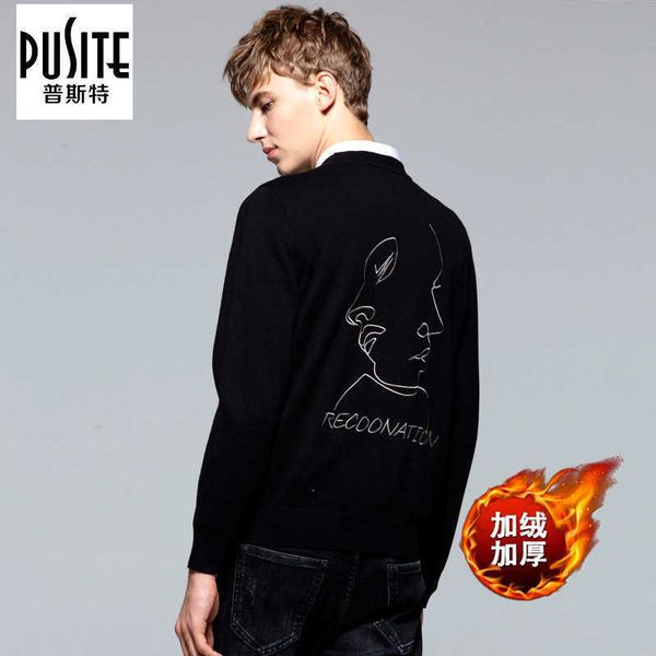 

fashion sweater pusite autumn and winter plush men's slim round neck pullover thickened, White;black