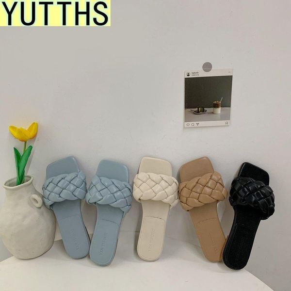 

fashion weave slippers women square toe flat casual shoes slide 2021 summer flip flops beach sandal slipper, Black