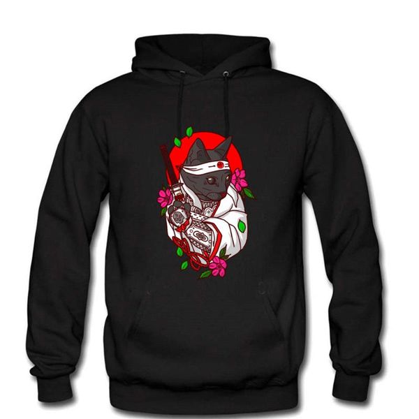 

men's hoodies & sweatshirts japanese samurai cat print pullover sweatshirt men cotton casual sportwear male hip hop harajuku st, Black