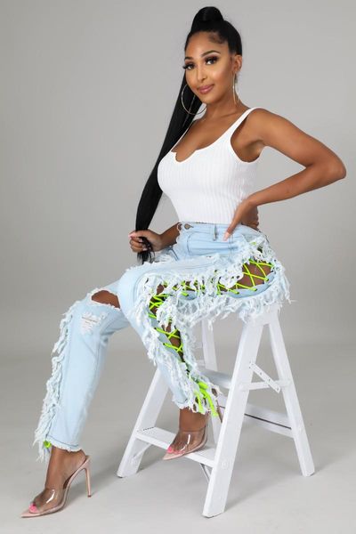 

women's jeans 2021 net red hole stretch pants women personality tassels both sides fluorescent green bandage light blue