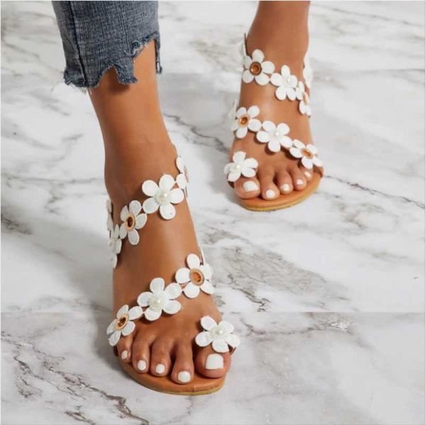 

women's sandals summer flower beach toe ring slip-on flat casual cute bohemian female shoes, Black