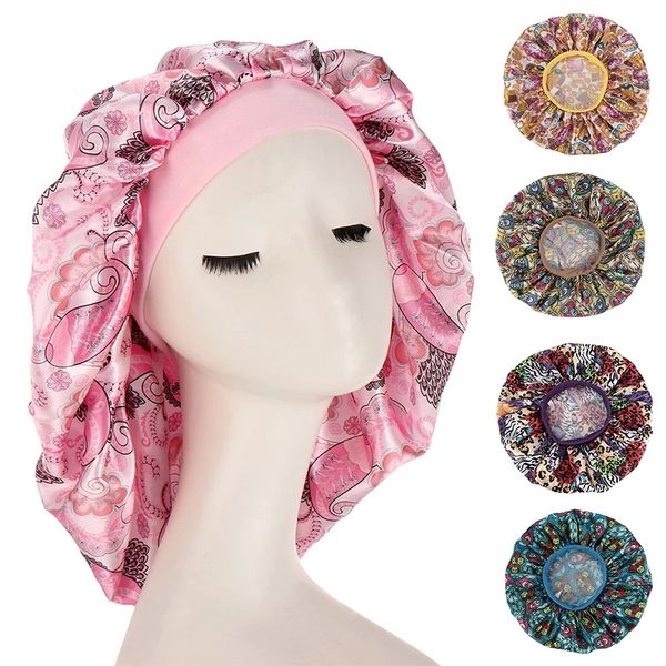

adults satin nightcap wide-brimmed ethnic floral print night cap men women sleeping cap satin silk elastic hair care cap, Blue;gray