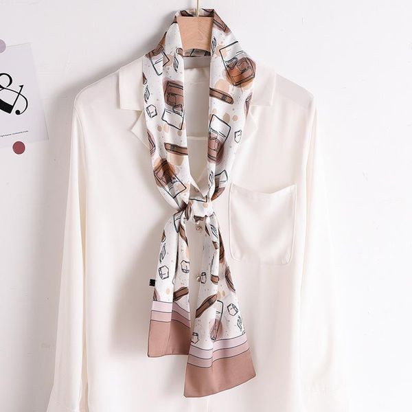 

scarves small tie silk scarf women long skinny hair band kerchief wrist ribbons head neck print satin bag scarfs, Blue;gray
